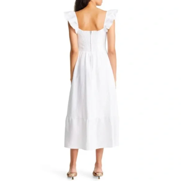 NWT Reformation Lucila Linen Dress Ruffle Trimmed Midi in White Size 8